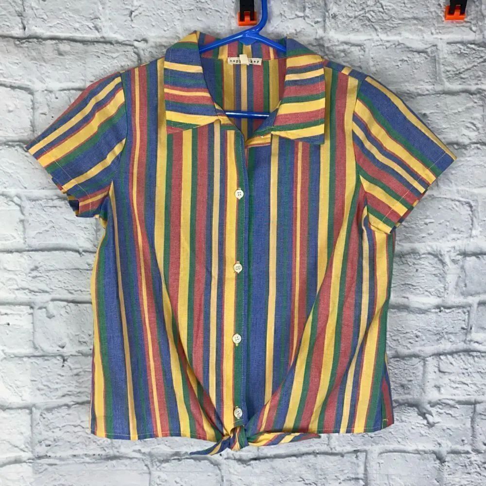 Copper key button down tie front multicolor stripe short sleeve top Lg girls